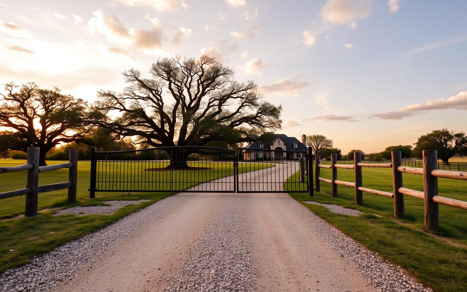 Black metal automatic driveway gate at a North Texas ranch home